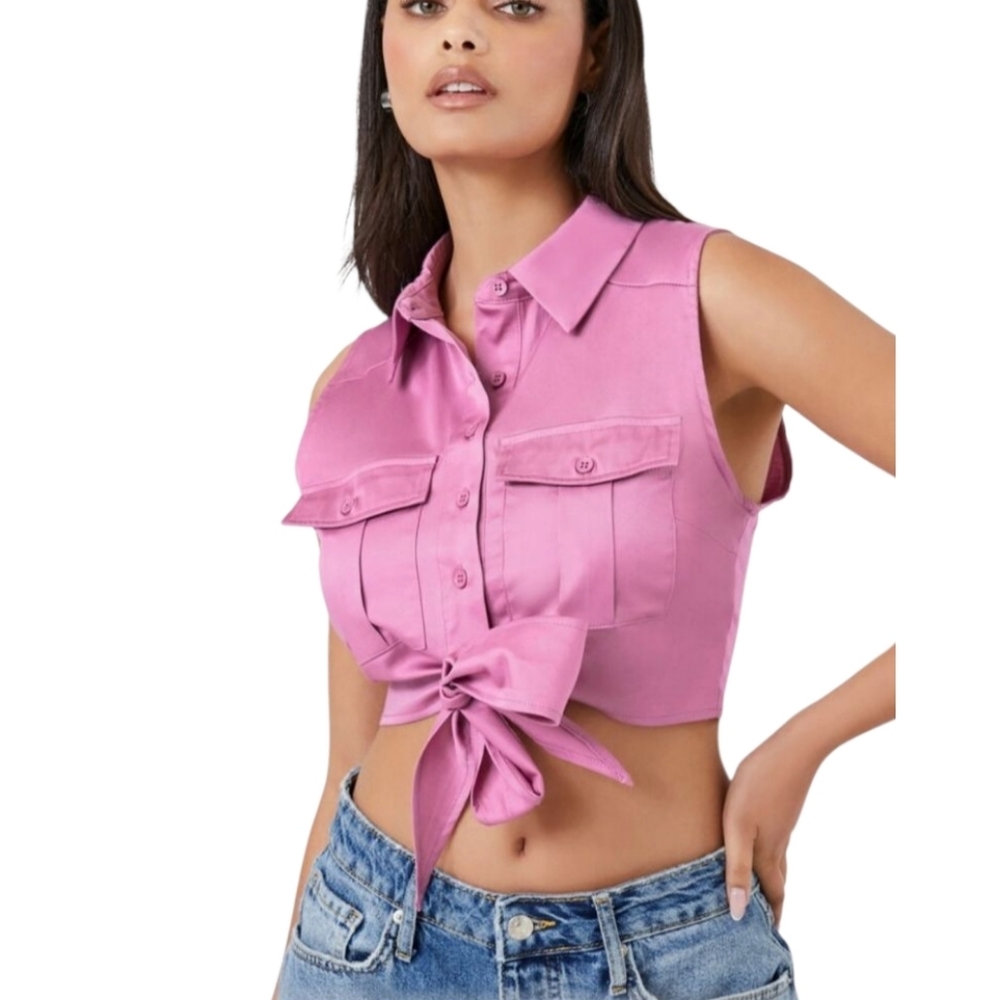 Forever 21 Cotton Blend Woven Crop Top Size Small Front Button-up Collar Purple.